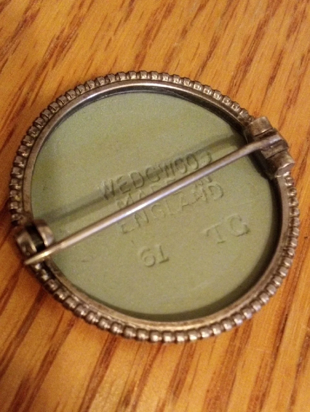 Wedgwood Sage Green Jasperware Backed Pin with Silver Rim